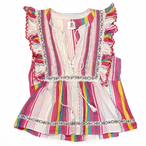 Anthropologie dRA boho embroidered ruffle sleeve striped cotton top Women’s M - Picture 1 of 12